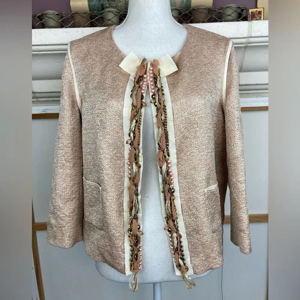 Seventy Florence Italy ladylike chic blazer w/ ribbon bow, pearls, and chains